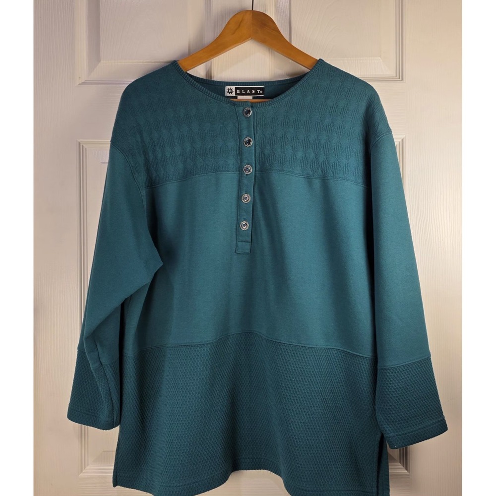 Vtg Blast Green Women Pullover LongSleeve ButtonTop  XL‎ Activewear Top Blouse